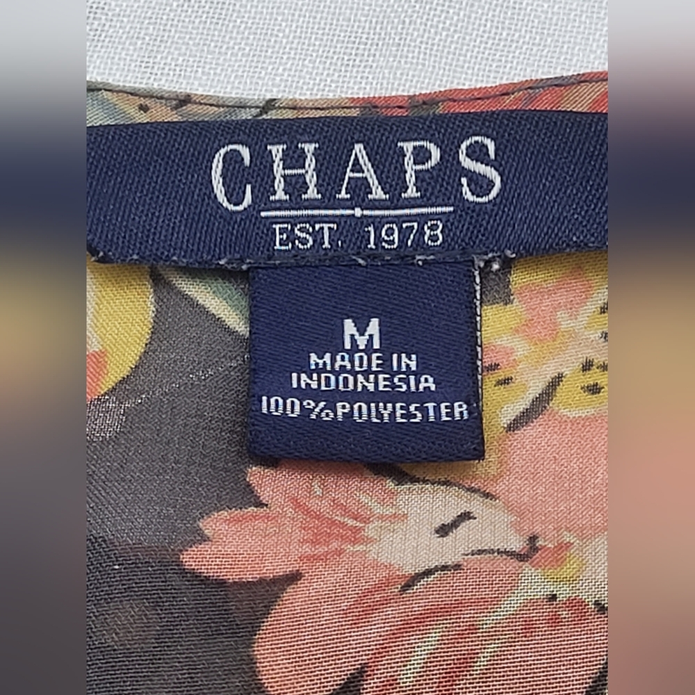 Chaps V Neck Floral Button Romantic Sheer Blouse Womens Medium Black Long Sleeve - Picture 7 of 8